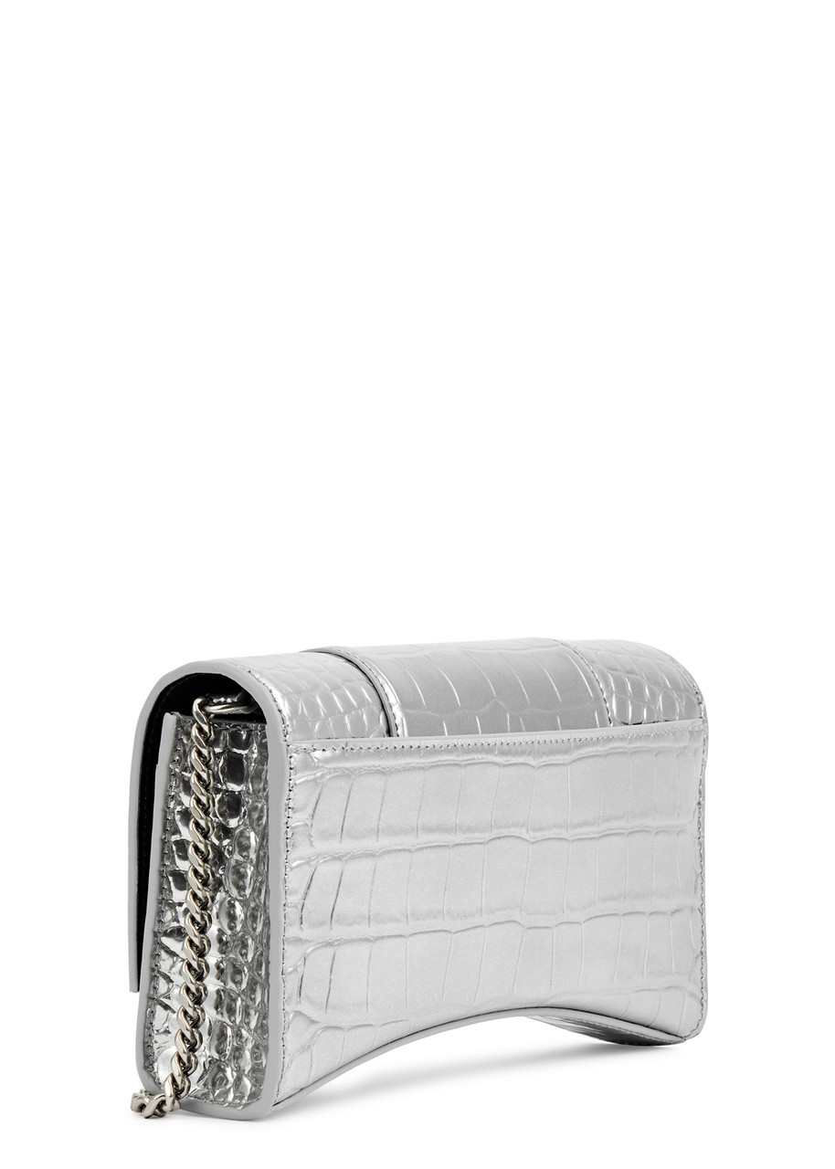 Hourglass Croc Effect Leather Wallet On Chain in Silver - Balenciaga