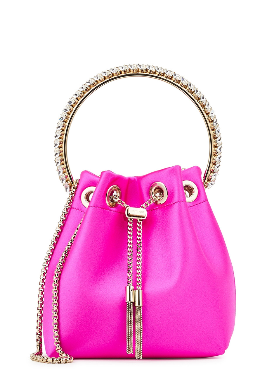 JIMMY CHOO Bon Bon mini black satin bucket bag | Harvey Nichols