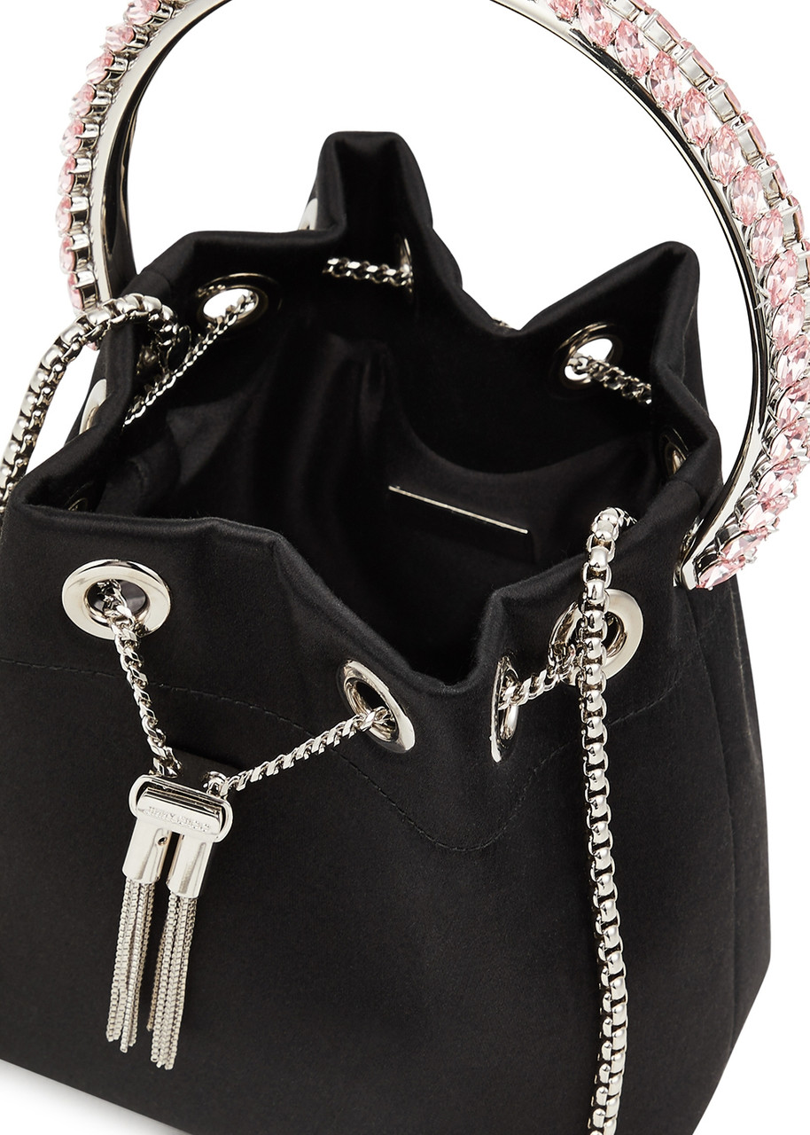 JIMMY CHOO Bon Bon mini black satin bucket bag | Harvey Nichols JIMMY CHOO Bon Bon mini black satin bucket bag | Harvey Nichols