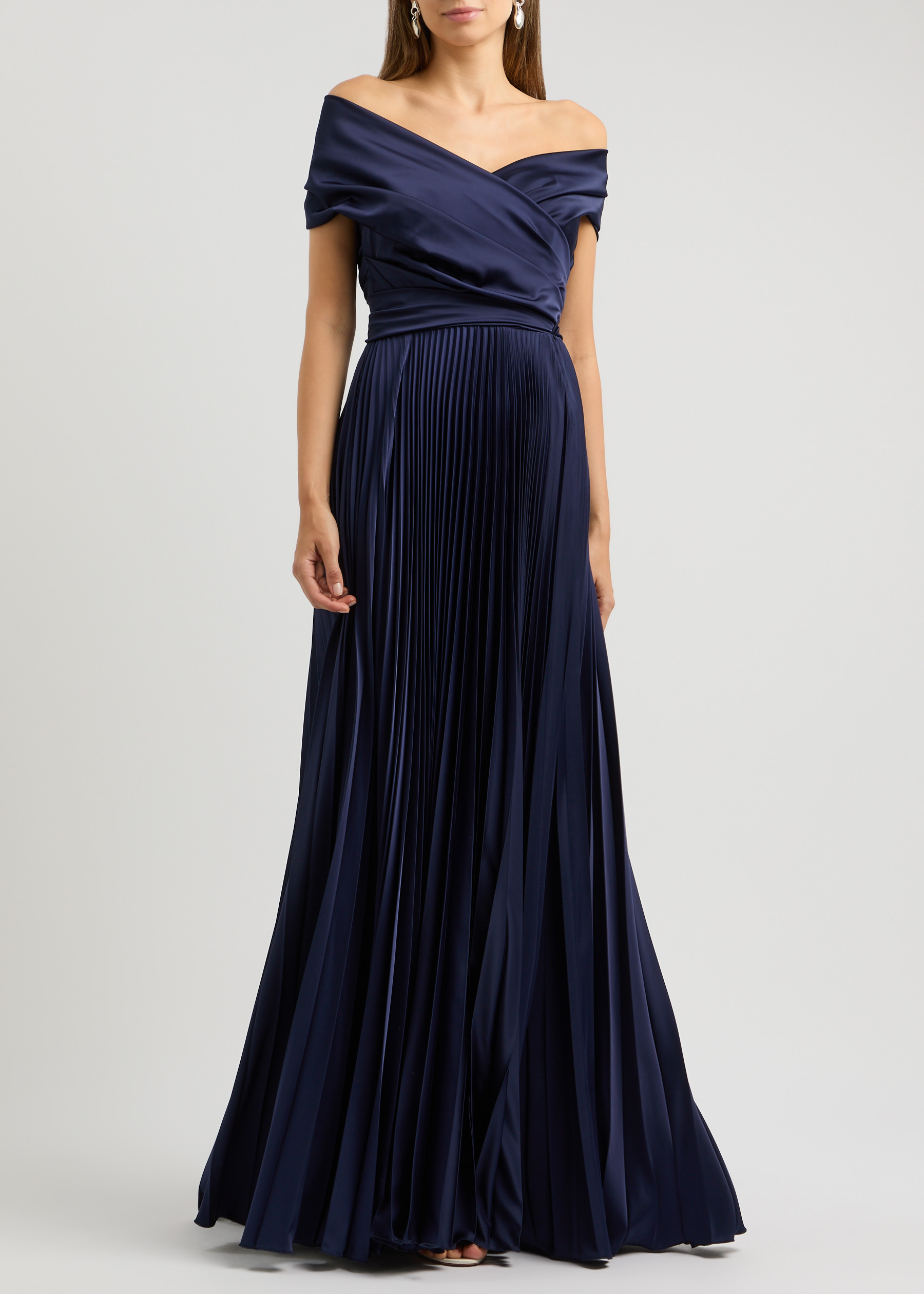 Off-the-shoulder Pleated Gown With Slit Taupe