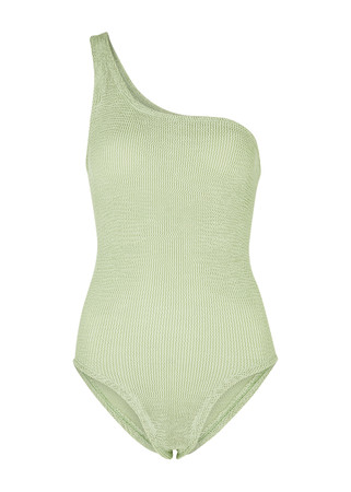 HUNZA G + NET SUSTAIN Nancy one-shoulder striped seersucker swimsuit