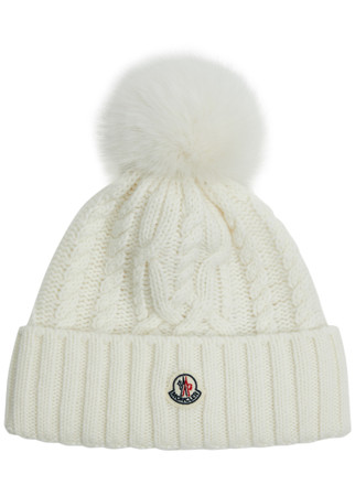 MONCLER Pompom cable-knit wool-blend beanie | Harvey Nichols