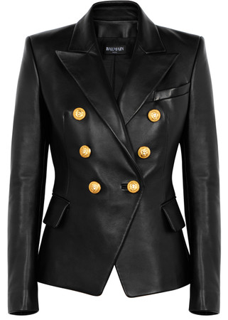 BALMAIN Black double-breasted leather blazer Harvey Nichols