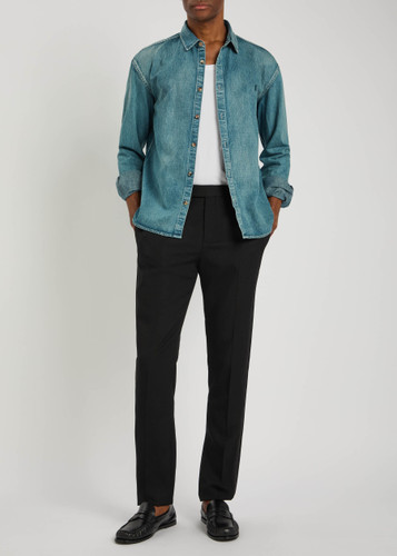 SAINT LAURENT Logo-embroidered faded denim shirt | Harvey Nichols