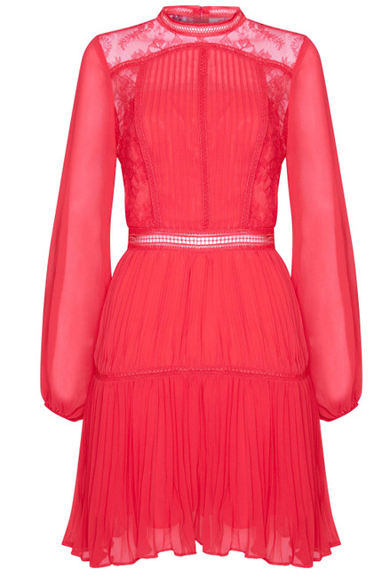 TRUE DECADENCE-Bright rose lace pleated mini dress