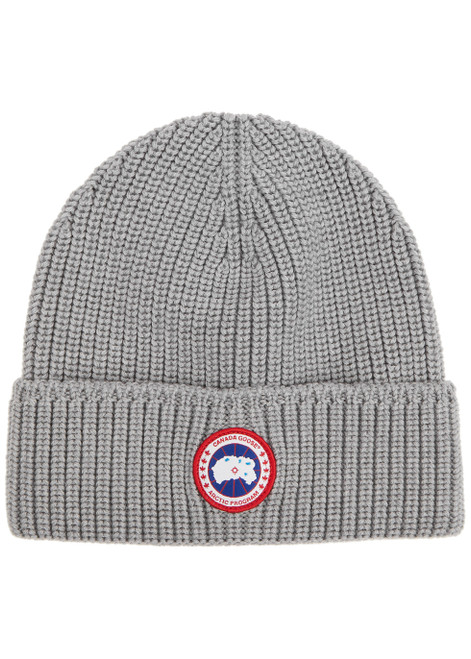 CANADA GOOSE-Grey logo ribbed wool beanie