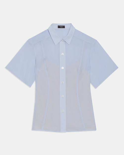 THEORY-Smocked short-sleeve shirt in organic cotton