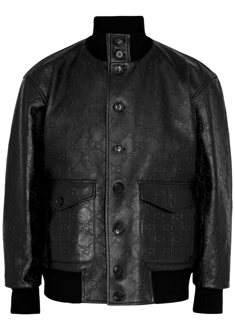 Black GG-embossed leather bomber jacket, Gucci