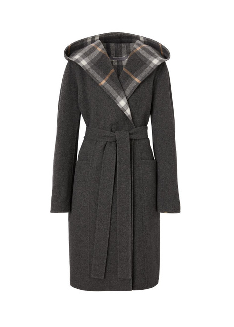 BURBERRY-Check detail wool hooded wrap coat