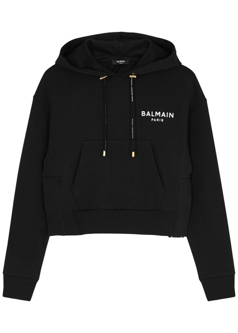 BALMAIN-Black logo cropped cotton sweatshirt