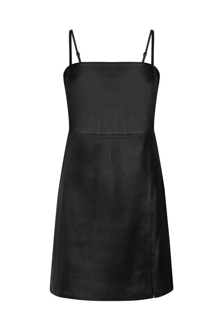 MUUBAA-Fitted square neck mini cami leather dress with front split