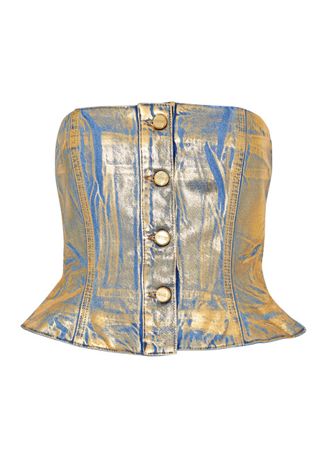 GANNI-Foil-print strapless denim top 