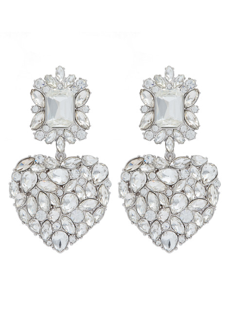 SELF-PORTRAIT-Crystal-embellished silver-plated heart drop earrings