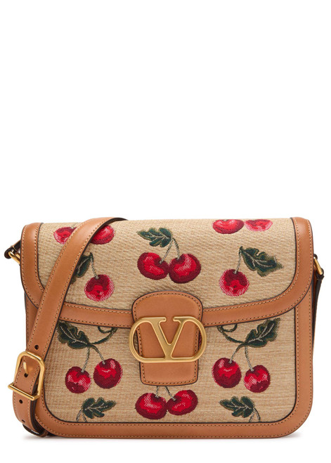 VALENTINO GARAVANI-9T05 cherry-jacquard raffia and leather cross-body bag