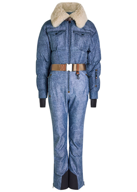 MONCLER-Denim-print padded shell ski suit