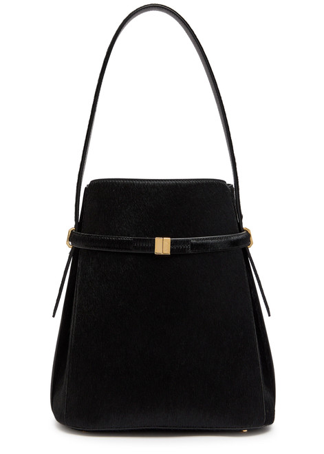 Belted calf-hair bucket bag