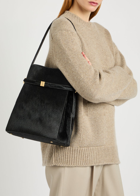 Belted calf-hair bucket bag