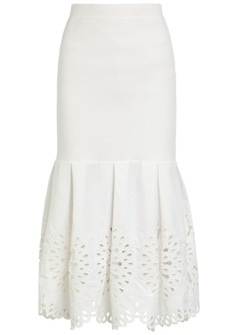 SIMKHAI-Eveletta cutwork stretch-knit midi skirt