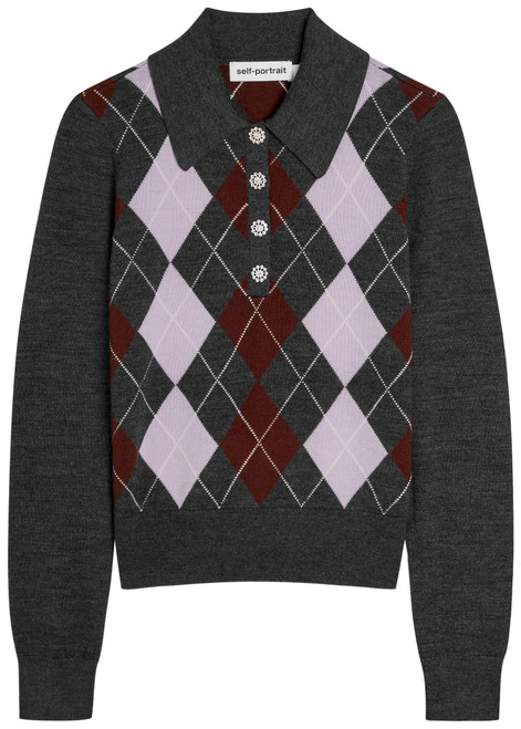 SELF-PORTRAIT-Argyle wool polo top