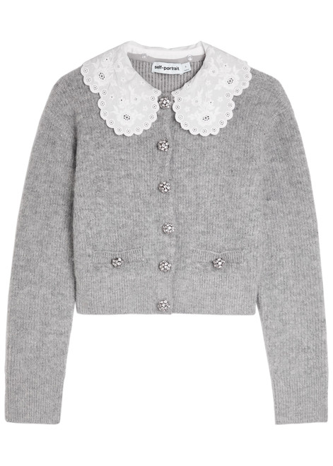 SELF-PORTRAIT-Embroidered-collar embellished metallic-knit cardigan