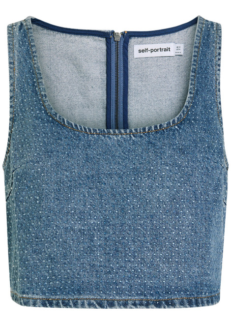 SELF-PORTRAIT-Crystal-embellished denim crop top