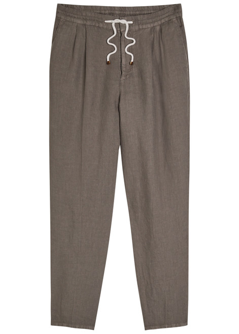 BRUNELLO CUCINELLI-Drawstring tapered-leg linen trousers