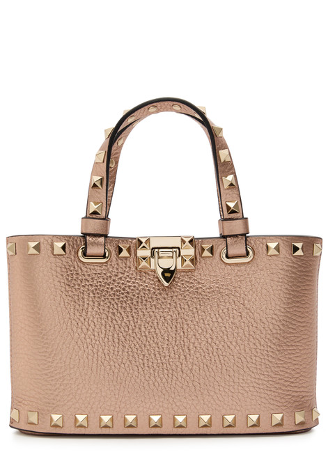 VALENTINO GARAVANI-Rockstud mini metallic grained leather top handle bag