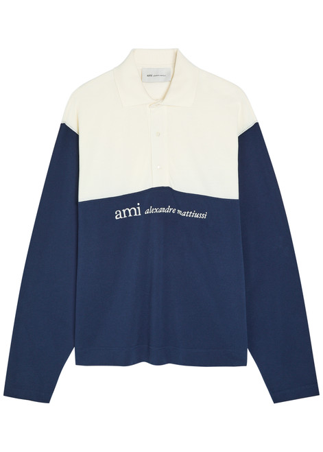 AMI PARIS-Logo-embroidered panelled piqué cotton polo shirt