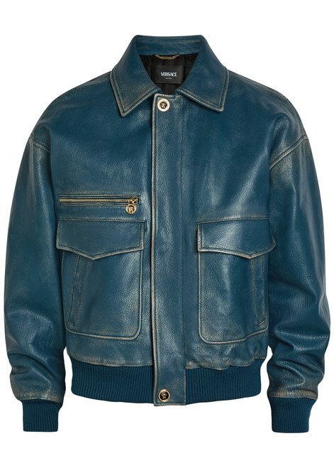 VERSACE-Logo-embossed distressed leather jacket