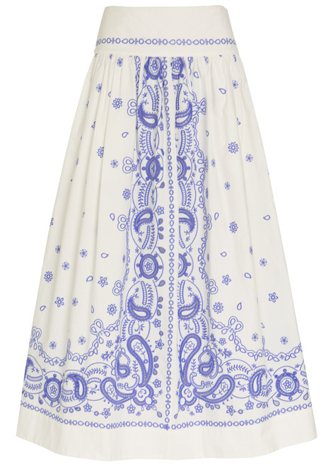 SELF-PORTRAIT-Embroidered cotton-poplin midi skirt