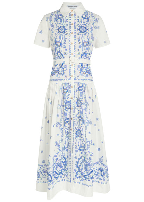 SELF-PORTRAIT-Embroidered cotton midi shirt dress