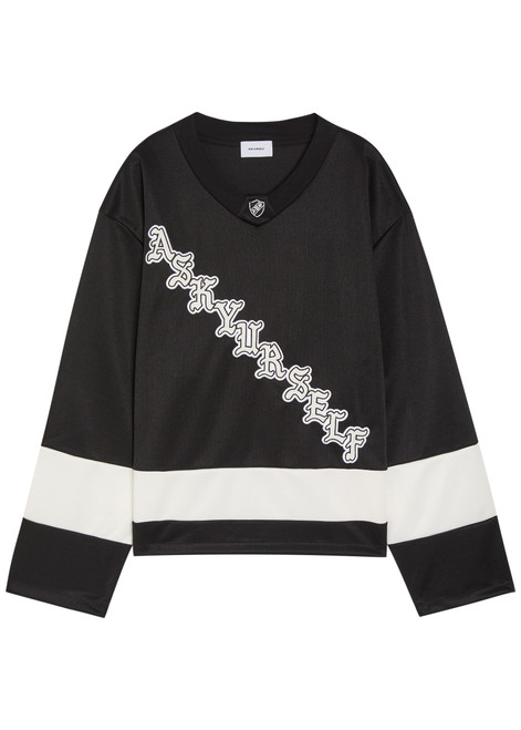 ASKYURSELF-OG logo-appliquéd panelled cotton hockey jersey top