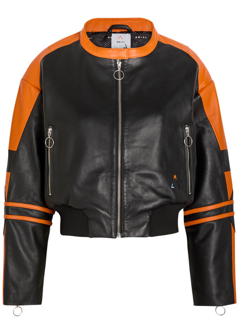 AN-Y1-Biker padded colour-blocked leather jacket