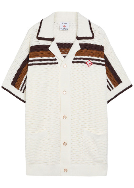 CASABLANCA-Logo-appliquéd striped crochet cotton-knit shirt