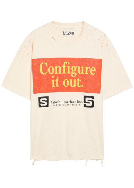 SATOSHI NAKAMOTO-Configure distressed printed cotton T-shirt