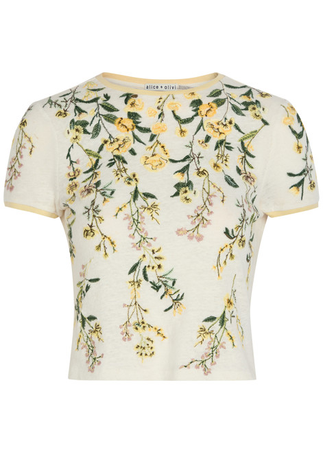 ALICE + OLIVIA-Cindy floral-embroidered linen T-shirt