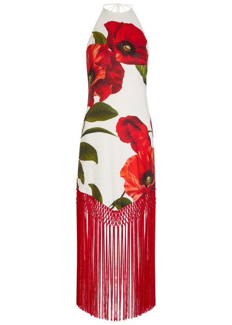 ALICE + OLIVIA-Mallory floral-print fringed linen-blend midi dress