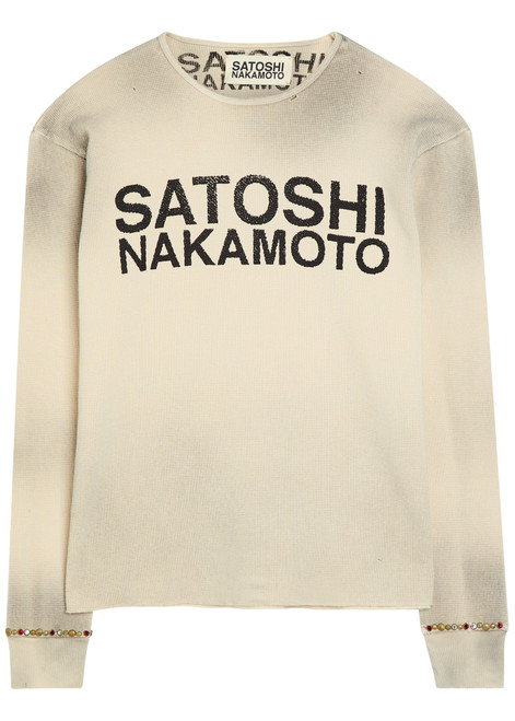 SATOSHI NAKAMOTO-Distressed long-sleeve waffle cotton T-shirt