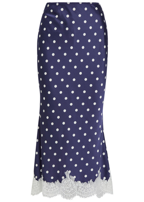 SELF-PORTRAIT-Polka dot lace-trim satin midi skirt