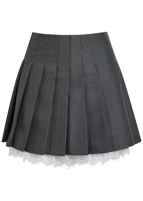 SELF-PORTRAIT-Pleated lace-trim woven mini skirt