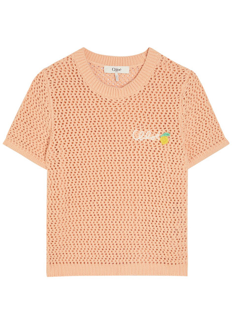 CHLOE-Logo-intarsia open-knit cotton T-shirt