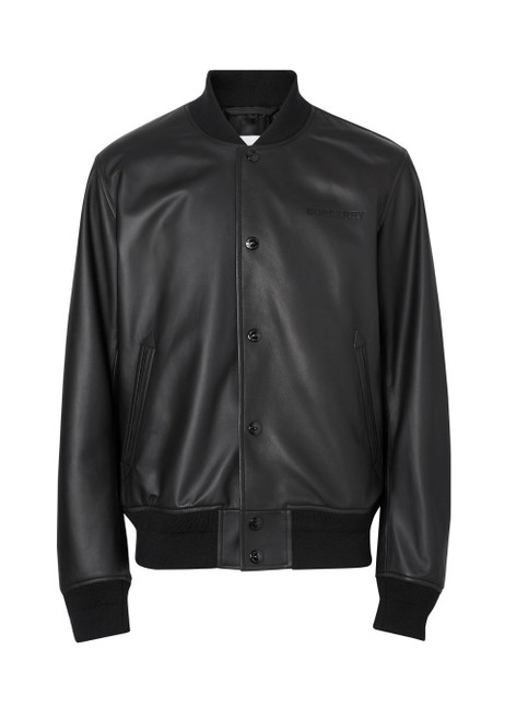 BURBERRY-Logo embossed leather bomber jacket