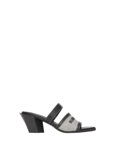 BURBERRY-Logo print canvas and leather mules