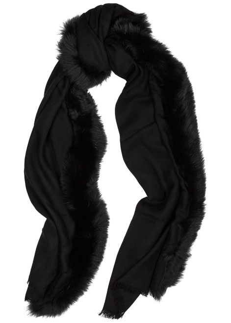 AMA PURE-Black fur-trimmed wool scarf