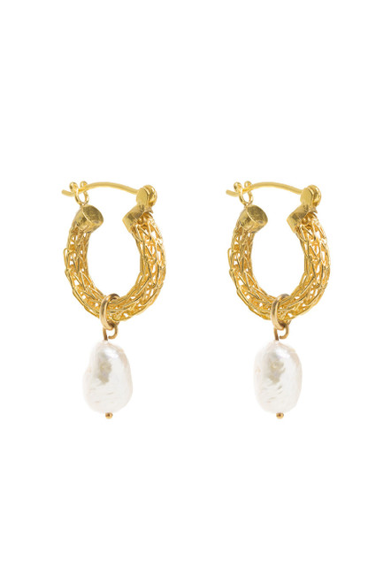 FREYA ROSE-Gold weave mini hoops with baroque pearl