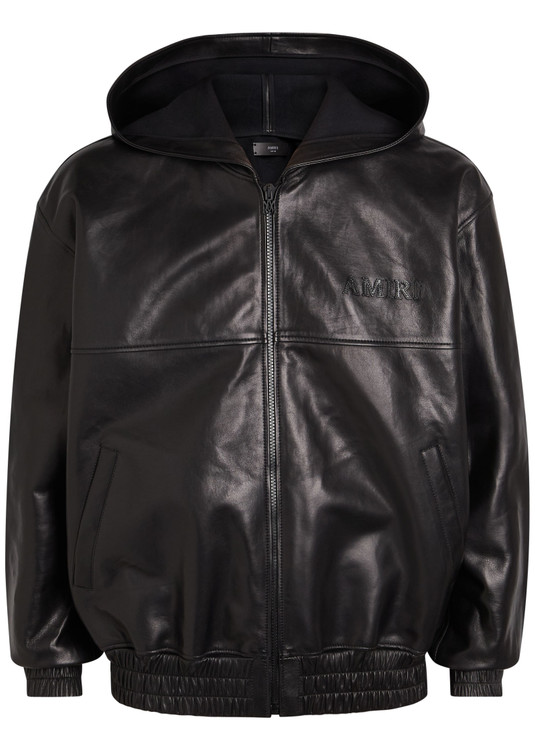 Logo-appliquéd hooded leather jacket