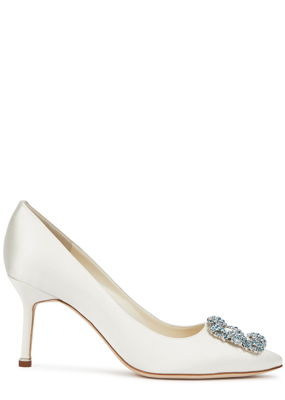 Manolo Blahnik Hangisi 70 White Satin Pumps, Pumps, White, Satin Heels