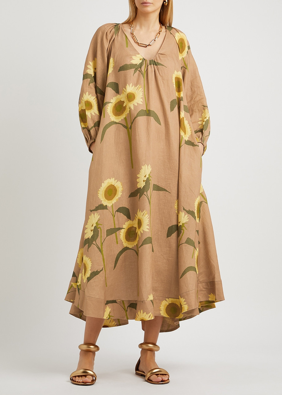  Bernadette Georgette Floral-print Linen Maxi Dress - Camel - 12 