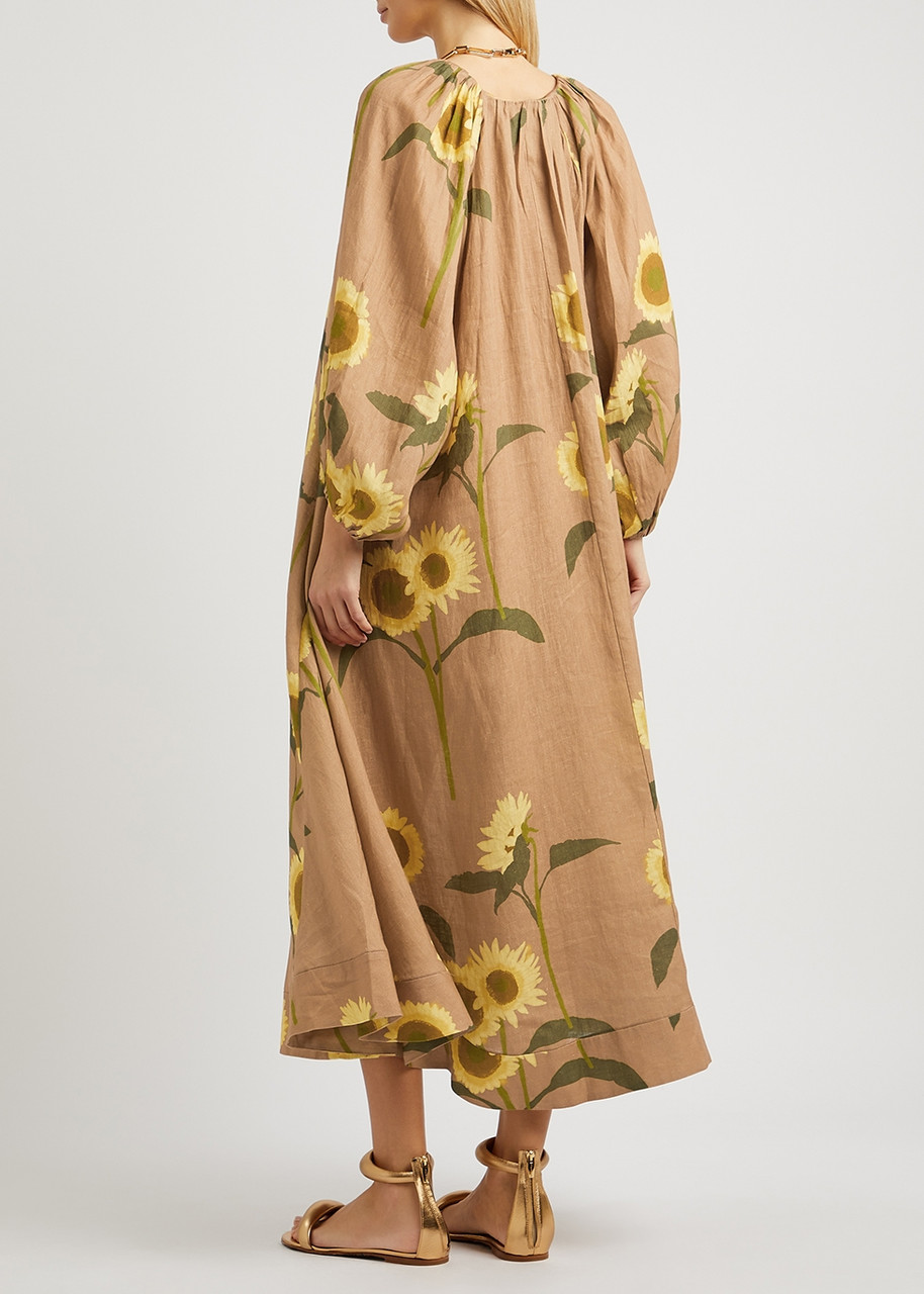  Bernadette Georgette Floral-print Linen Maxi Dress - Camel - 12 