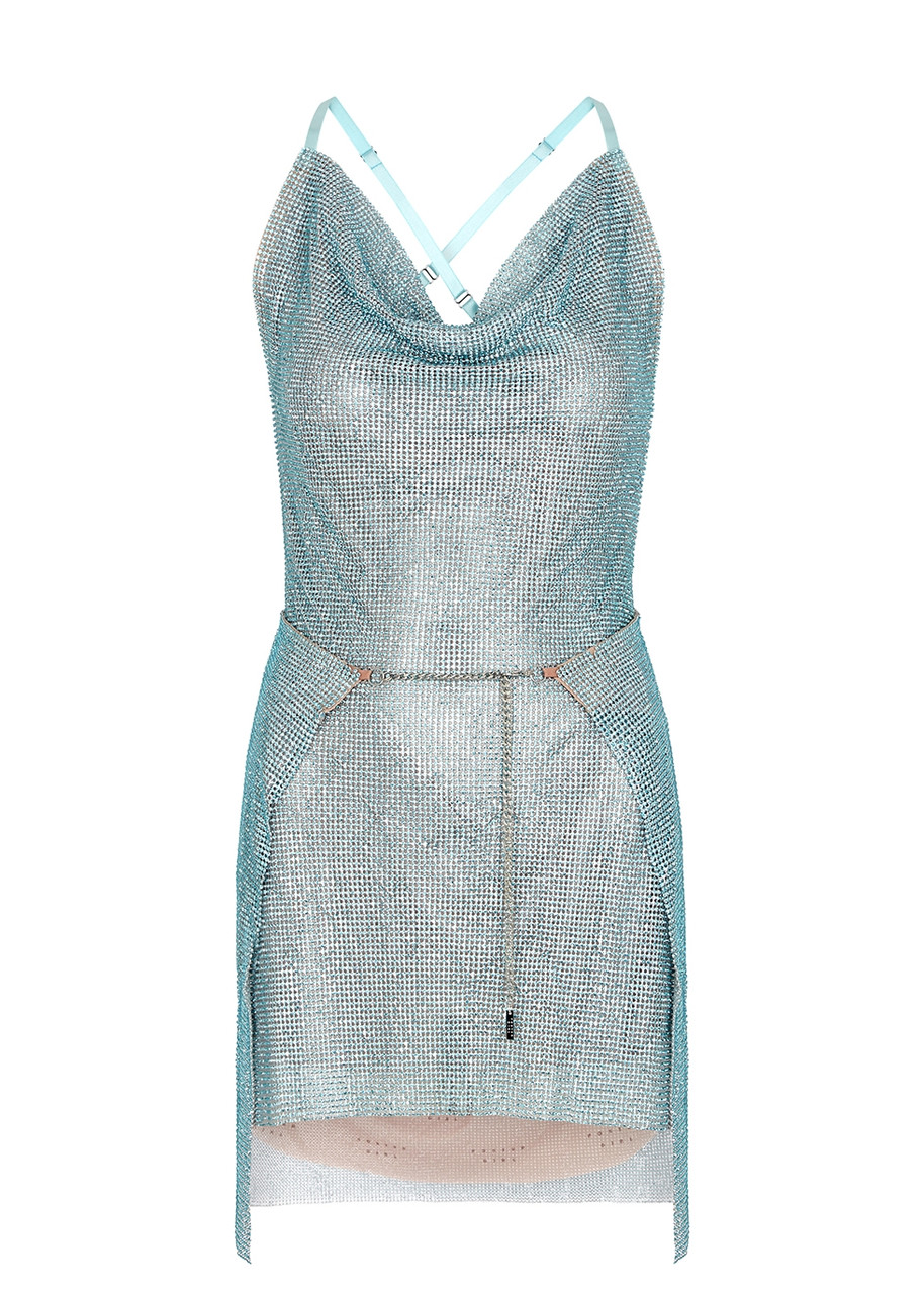 Poster Girl Adrianne Blue Embellished Chainmail Mini Dress